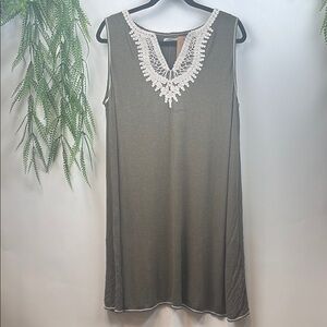 Max Studio Olive Green Midi Dress with White Lace Detail